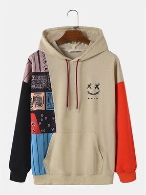 ChArmkpR Men’s Smile Print Color Block Patchwork Kangaroo Pocket Hoodies Black L